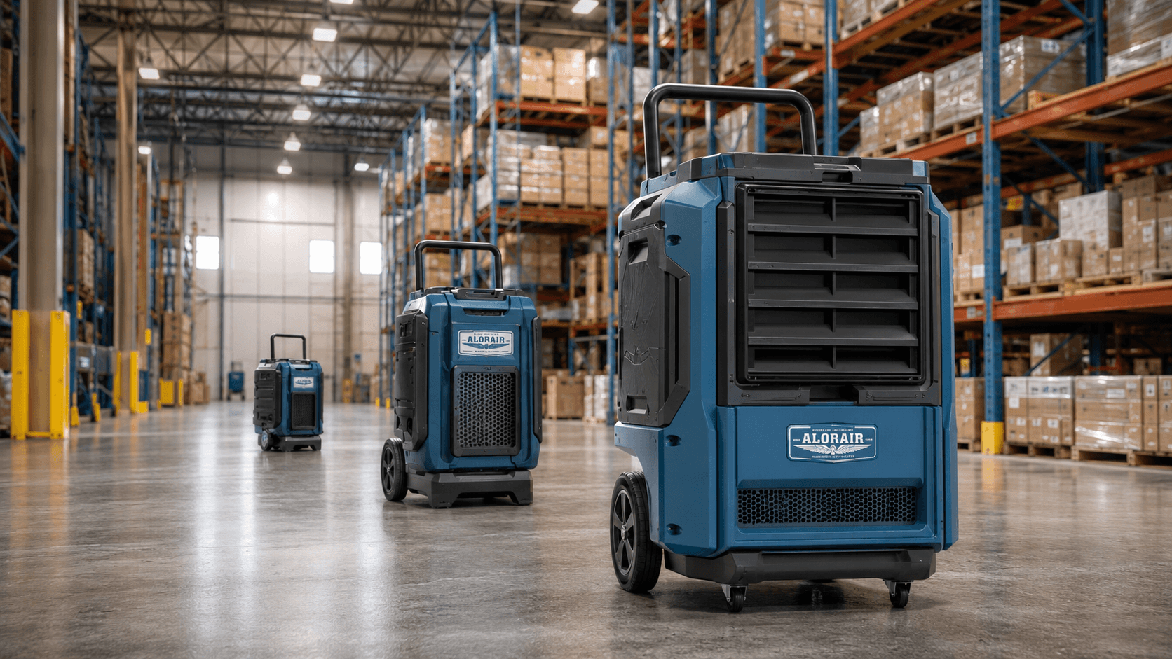 Different-size AlorAir industrial dehumidifiers for large warehouse spaces