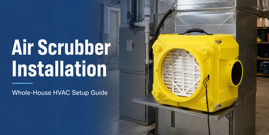 Air scrubber installation guide showing an air scrubber positioned near residential HVAC ductwork