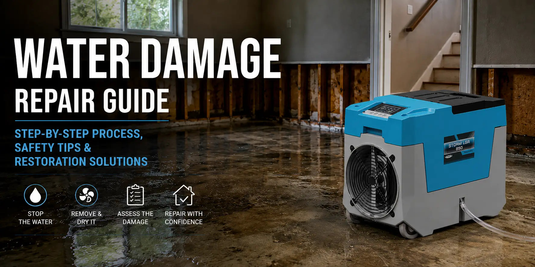 AlorAir Storm LGR 850 commercial dehumidifier drying a water-damaged home during the water damage repair process