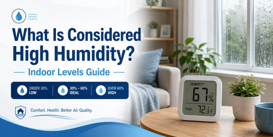 Indoor hygrometer showing 67% relative humidity with window condensation, illustrating what is considered high humidity indoors