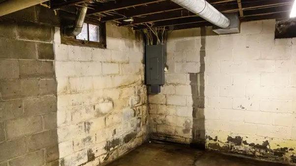 Unfinished basement with damp concrete block walls, water stains, peeling paint, and visible mold growth near the floor.