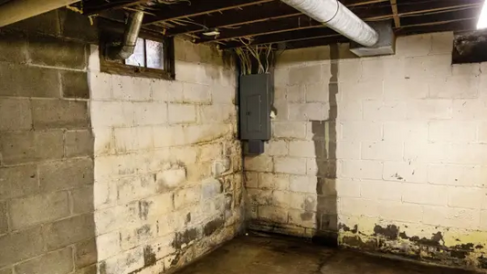 Unfinished basement with damp concrete block walls, water stains, peeling paint, and visible mold growth near the floor.