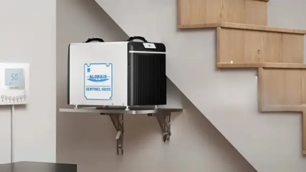AlorAir Sentinel HDi90 basement dehumidifier mounted on a wall shelf beneath a staircase with a remote humidity controller.