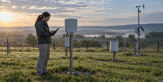 Meteorological technician collecting humidity data at an outdoor weather observation station on a dewy morning.
