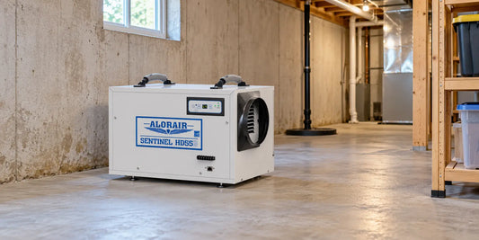 AlorAir dehumidifier on a dry basement floor with space around its air outlet