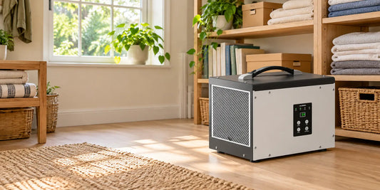 AlorAir Sentinel HD35P dehumidifier in a bright home storage room with books and folded linens.