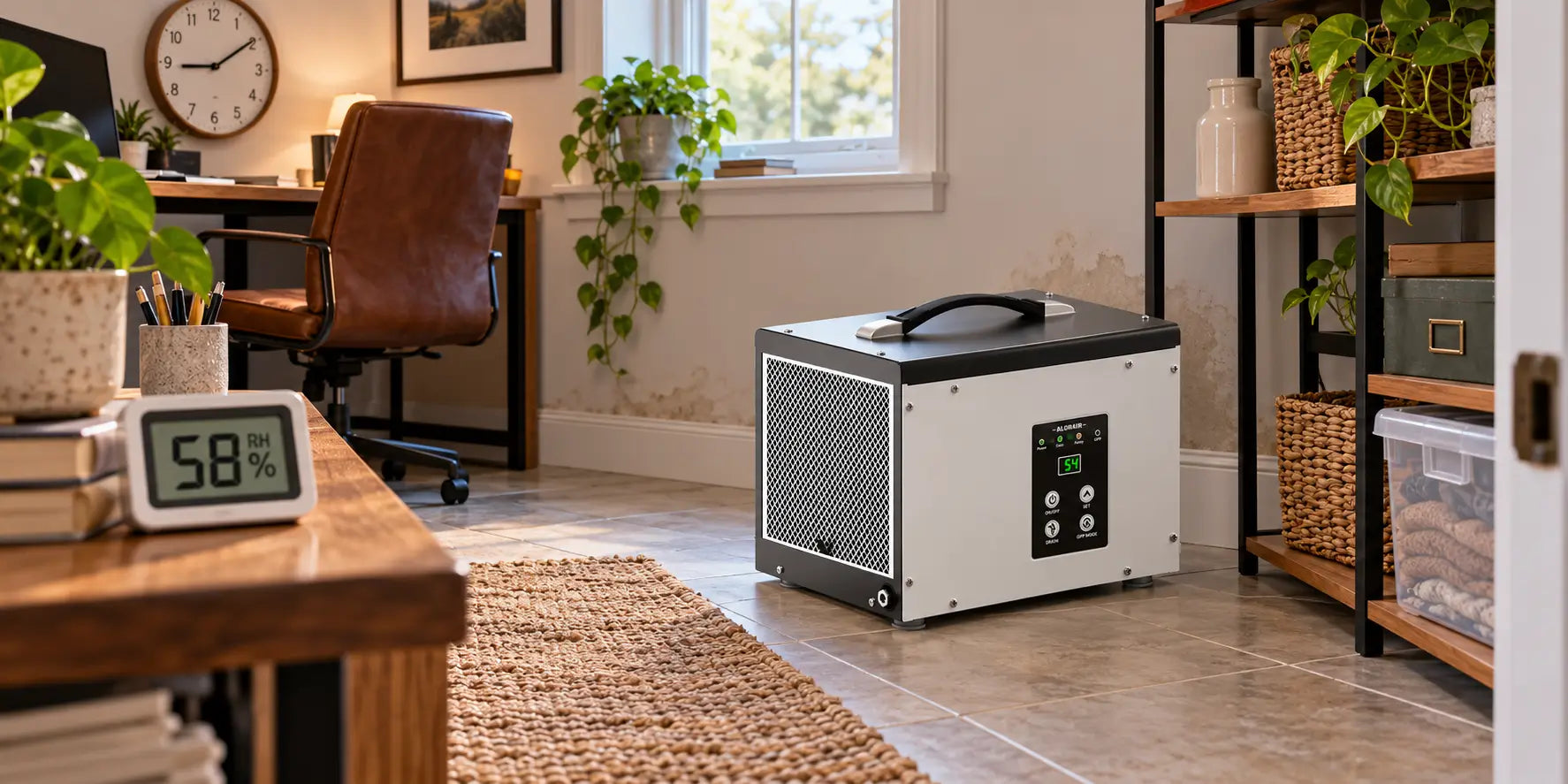 AlorAir dehumidifier in a home office with a separate hygrometer and wall clock.
