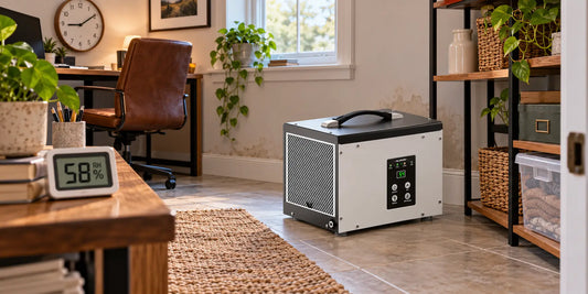AlorAir dehumidifier in a home office with a separate hygrometer and wall clock.
