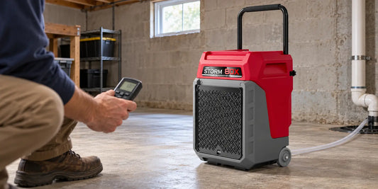 Technician inspecting an AlorAir Storm 80X dehumidifier at a covered equipment loading bay.
