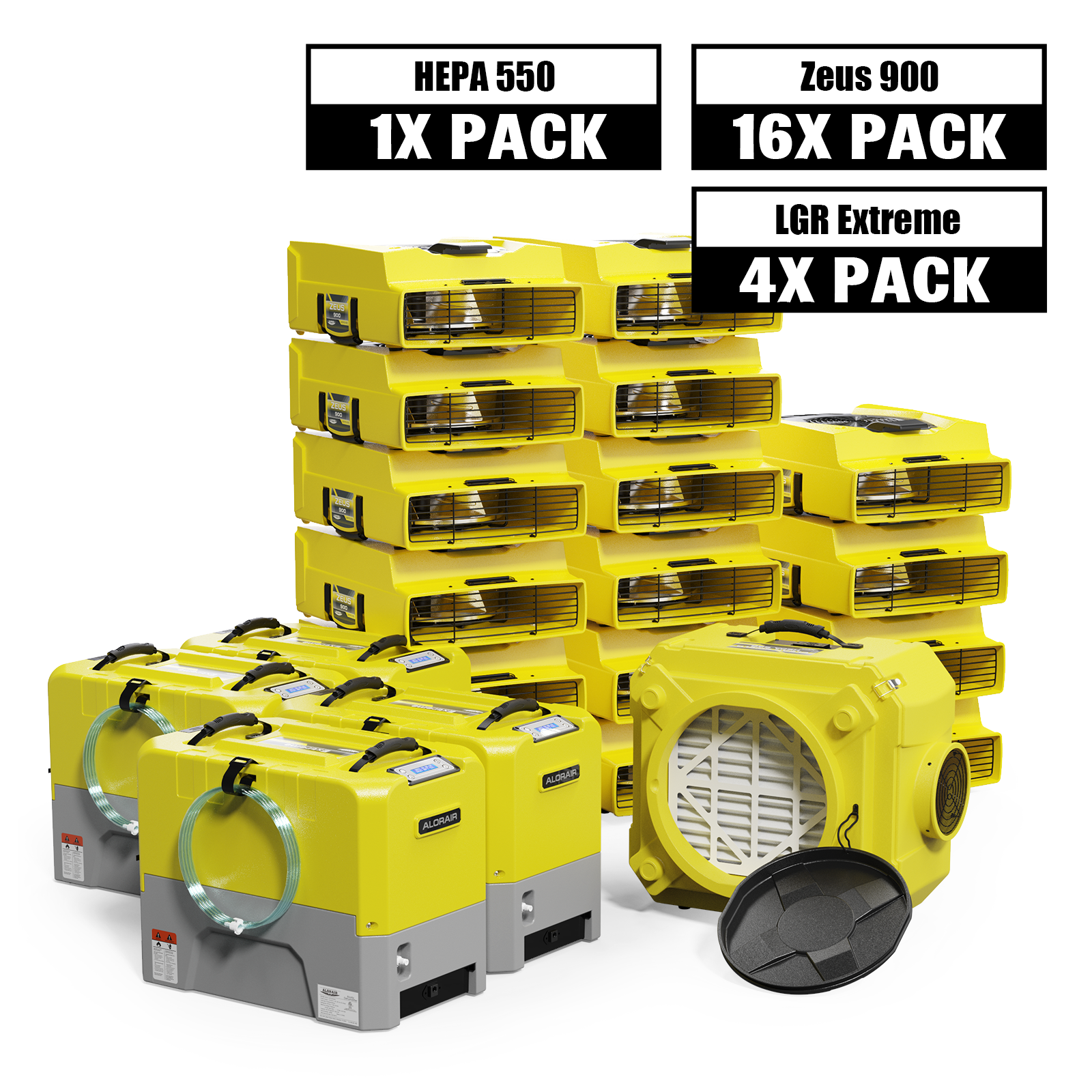 AlorAir® Water Damage Restoration Equipment Package, 4 x Storm LGR Extreme 85 Pint Commercial Dehumidifier, 16 x Zeus Air Mover, 1 x HEPA 550