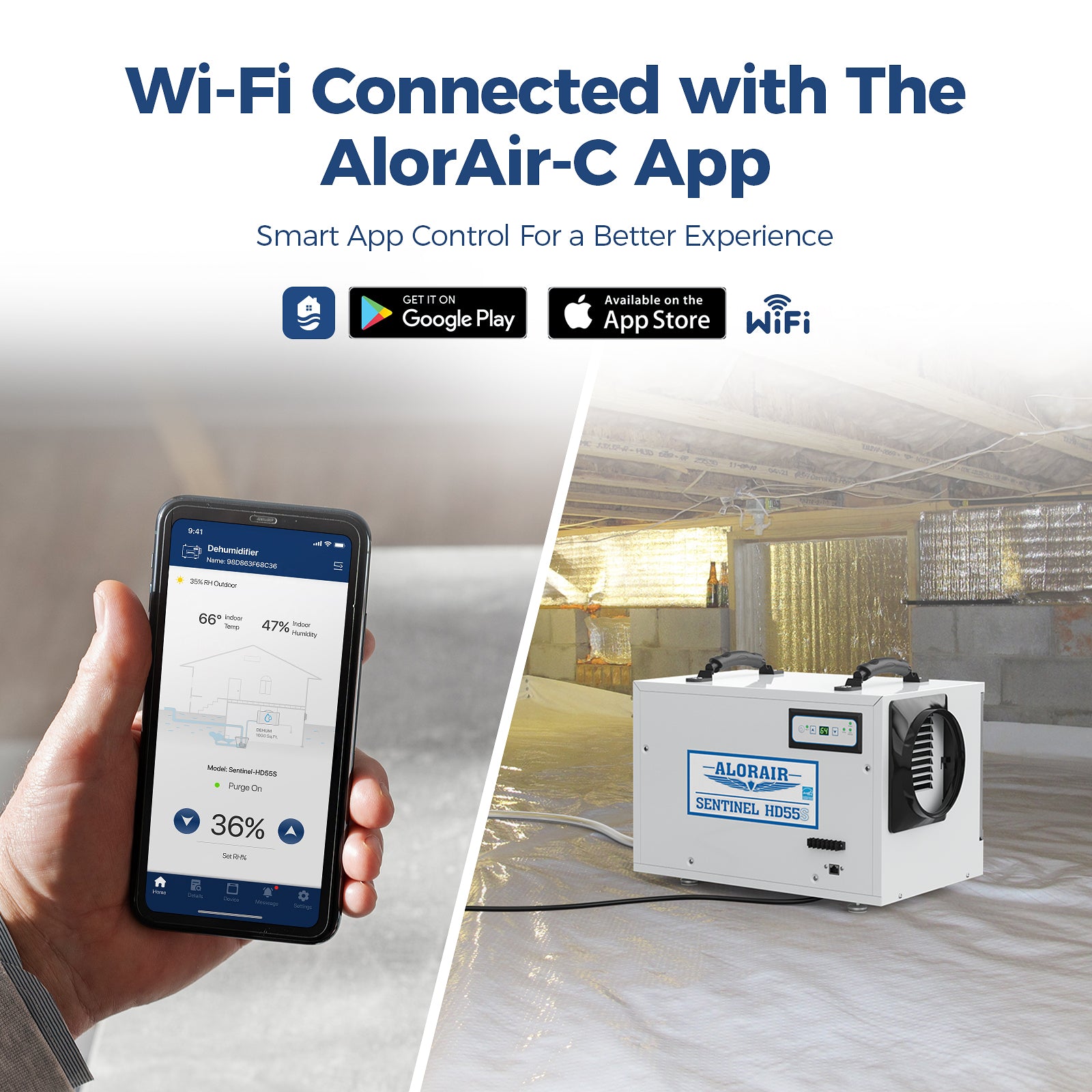 AlorAir® WiFi App Controlled Dehumidifier Removal 120PPD Size for 1300 sq.ft | Sentinel HD55S White WIFI