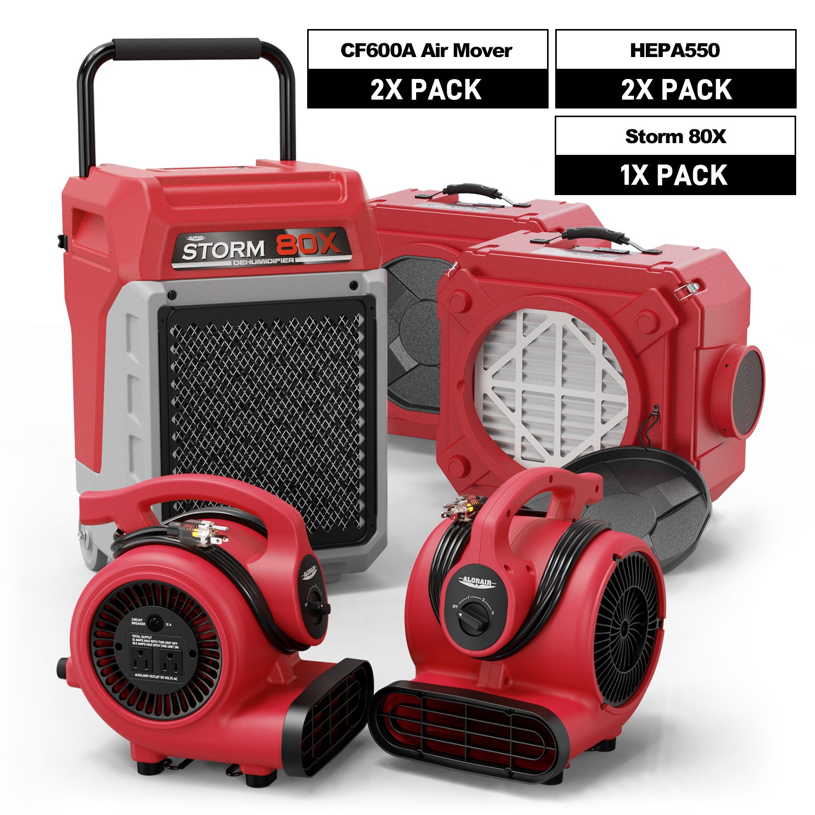 Alorair Water Damage Restoration Equipment, Storm 80X Commercial Dehumidifier*1, HEPA 550 Air Scrubber*1, GF600 Air Movers*2