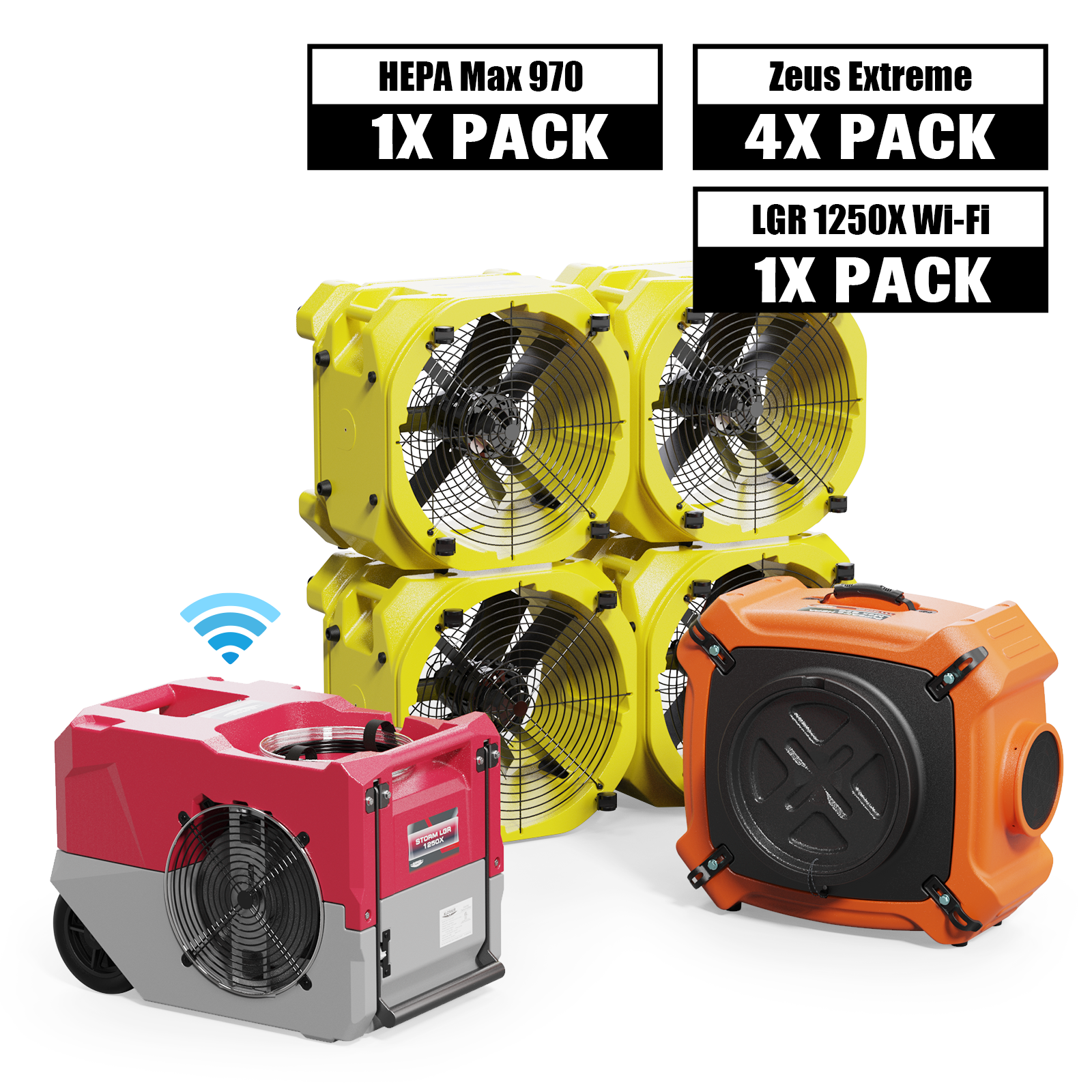 Alorair® Commercial Mold Prevention Combo Pack, 1 x Dehumidifier, 4 x Air Mover and 1 x Scrubber | Storm LGR 1250X Wi-Fi & Zeus Extreme & Max/Pro 970