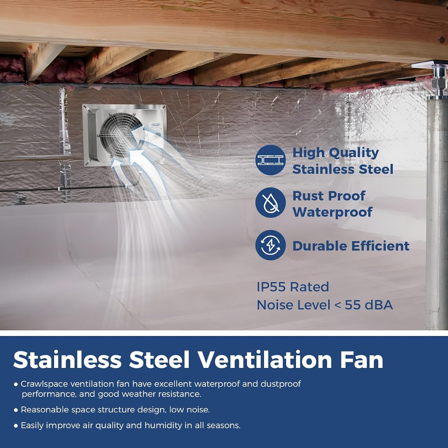 AlorAir 570CFM Stainless Steel Crawl Space Ventilation Fan IP55 Rated with Thermostat | VentirMax 570S