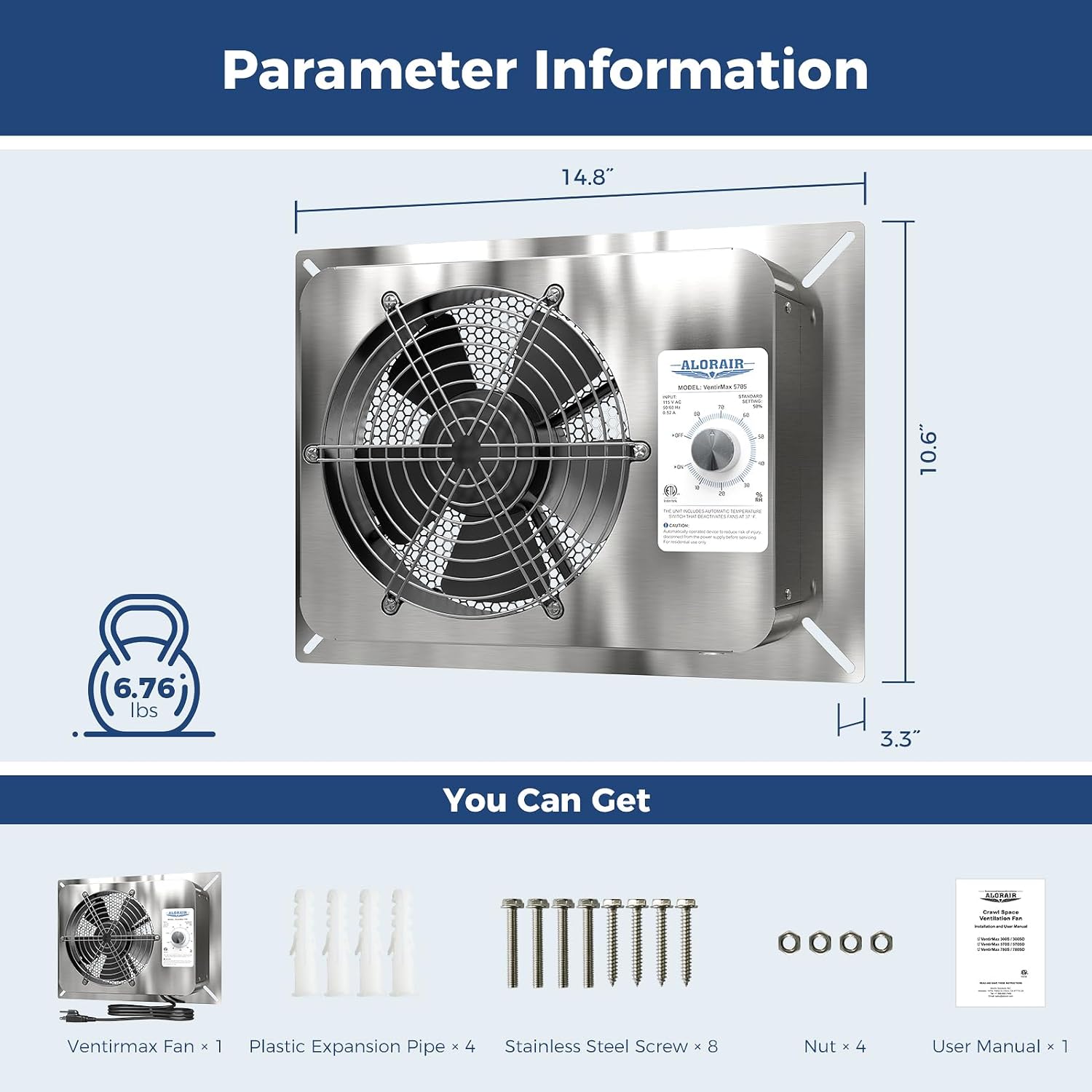 AlorAir 570CFM Stainless Steel Crawl Space Ventilation Fan IP55 Rated with Thermostat | VentirMax 570S