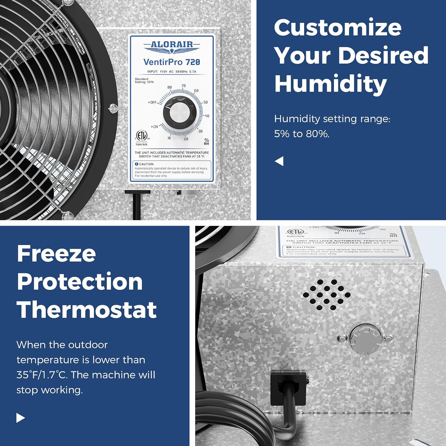 ALORAIR 720 CFM High Flow Powered Crawl Space Ventilation Fan with Freeze Protection Thermostat & Dehumidistat, IP55 Rated | VentirPro 720