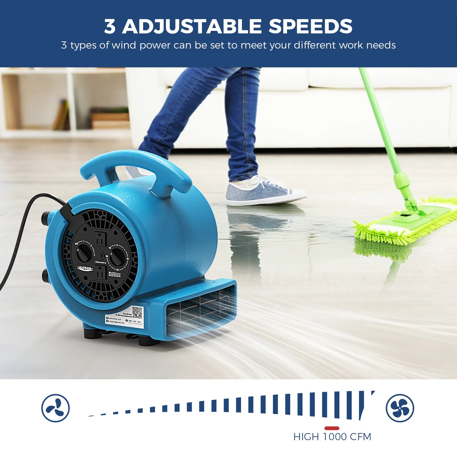 AlorAir® 1000 CFM Air Mover Blower Fan with with 3 Speeds and 5 Adjustable Angles & Timer for Floor Drying Fan and Carpet Dryer | GE1000AT