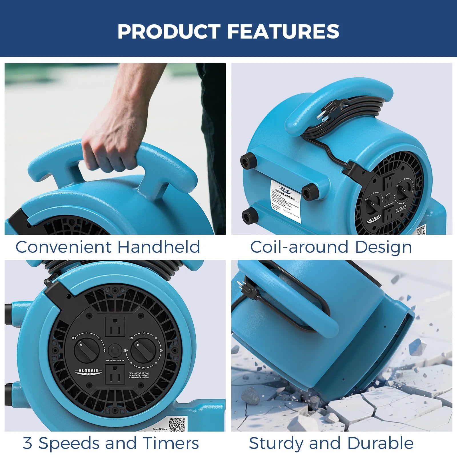 AlorAir® 1000 CFM Air Mover Blower Fan with with 3 Speeds and 5 Adjustable Angles & Timer for Floor Drying Fan and Carpet Dryer | GE1000AT