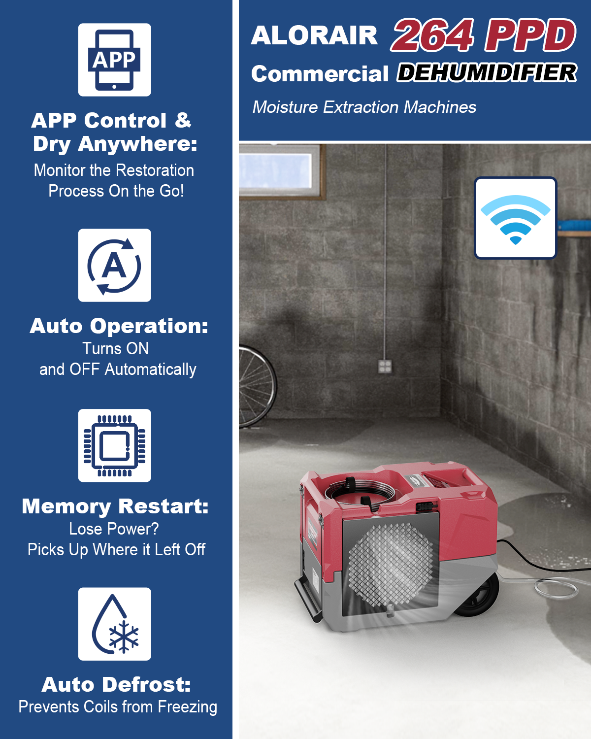 AlorAir® Storm LGR 1250X | Smart Wi-Fi 264 PPD Industrial Commercial Dehumidifiers with Pump for Basements, Garages, and Job Sites, Red