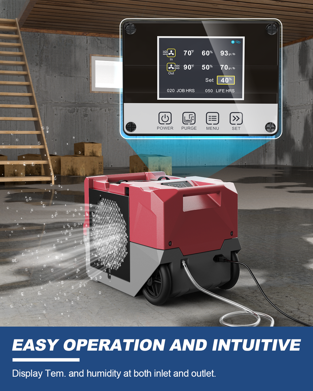 AlorAir® Storm LGR 1250X | Smart Wi-Fi 264 PPD Industrial Commercial Dehumidifiers with Pump for Basements, Garages, and Job Sites, Red