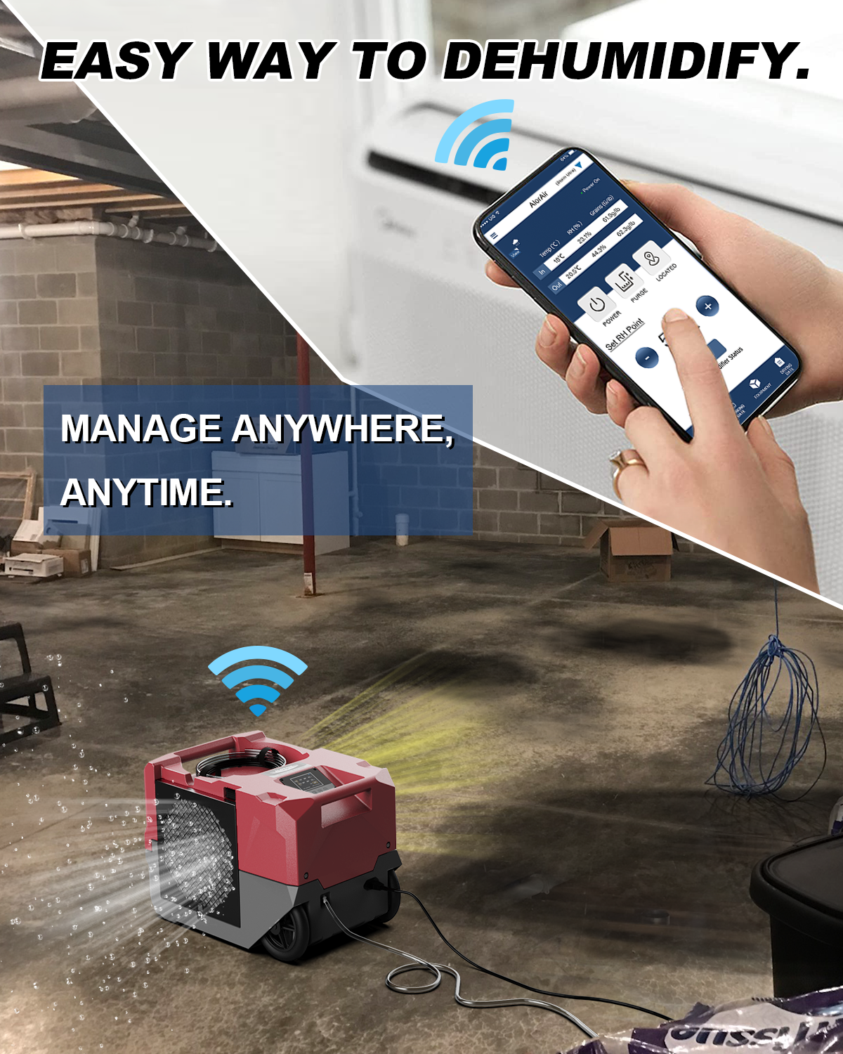 AlorAir® Storm LGR 1250X | Smart Wi-Fi 264 PPD Industrial Commercial Dehumidifiers with Pump for Basements, Garages, and Job Sites, Red