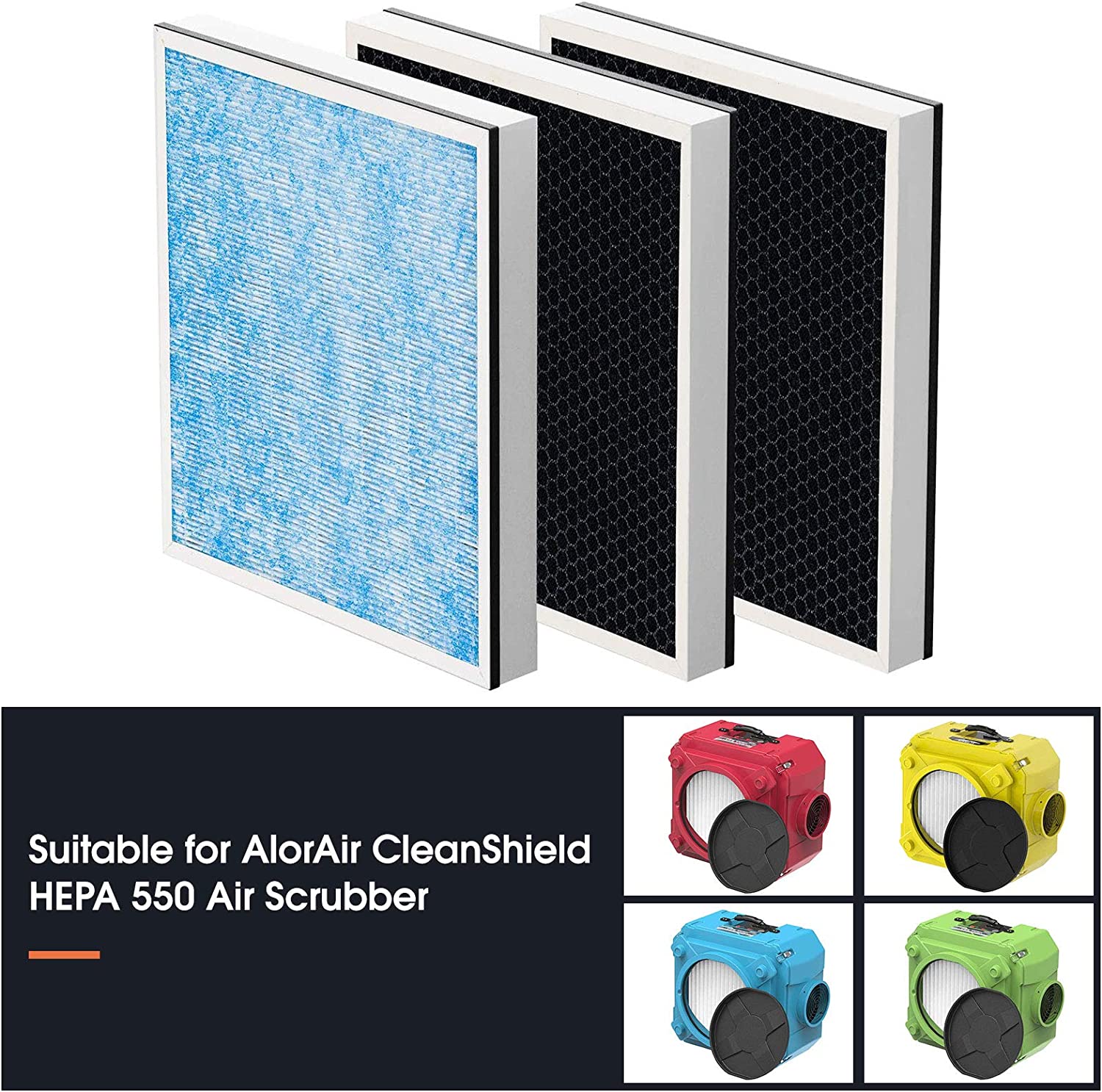 AlorAir HEPA/Activated Carbon Filter Replacement Set for CleanShield HEPA 550 Air Scrubber (Pack of 3)