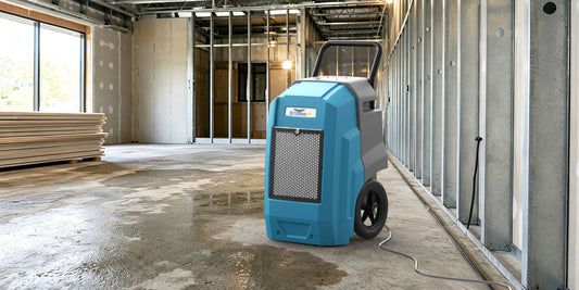 Industrial dehumidifier operating in a warehouse storage area