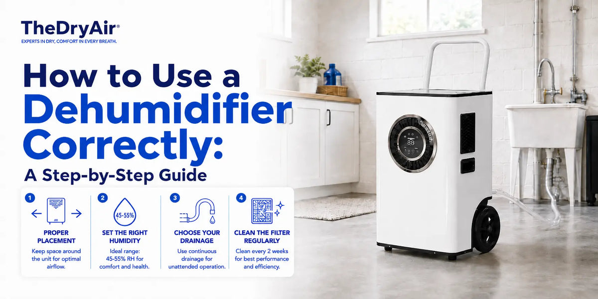 TheDryAir Sentinel Elite 80X dehumidifier setup guide showing proper placement, humidity control, drainage, and filter cleaning