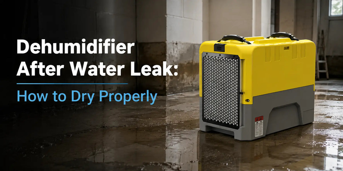 Dehumidifier after water leak showing a commercial dehumidifier drying a wet basement floor after water damage