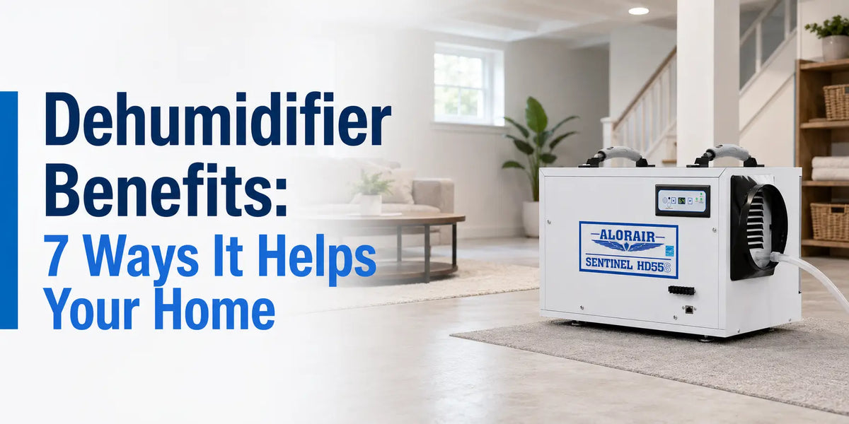 ALORAIR Sentinel HD55S dehumidifier in a home interior illustrating the benefits of dehumidifiers for humidity control, mold prevention, and home protection