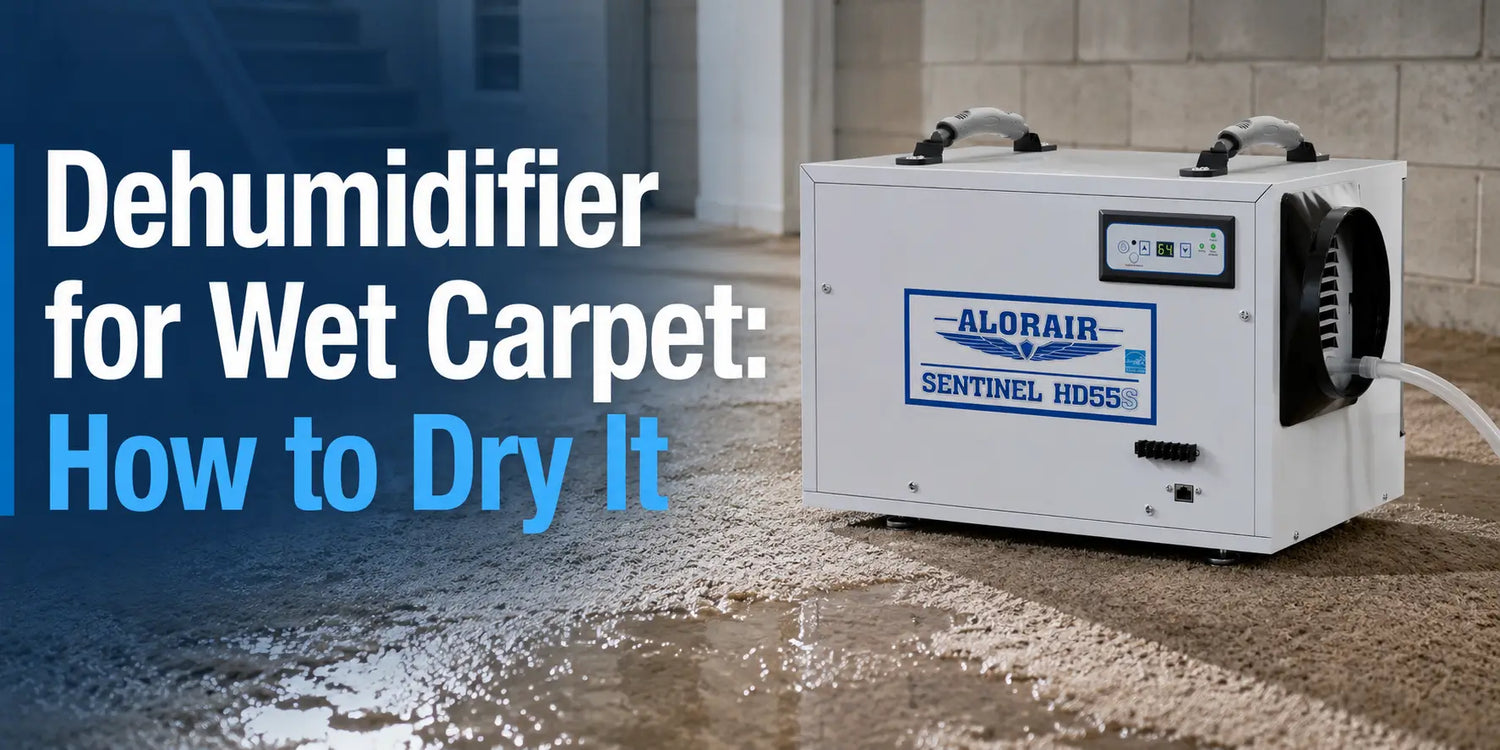 Dehumidifier for wet carpet guide featuring the ALORAIR Sentinel HD55S drying a wet carpet in a basement setting