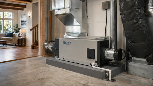AlorAir whole-house dehumidifier connected to HVAC ductwork in a residential basement