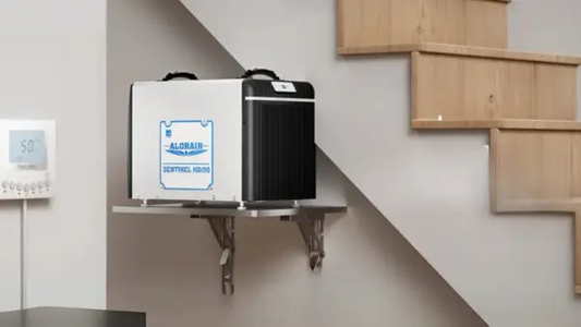 AlorAir Sentinel HDi90 basement dehumidifier mounted on a wall shelf beneath a staircase with a remote humidity controller.