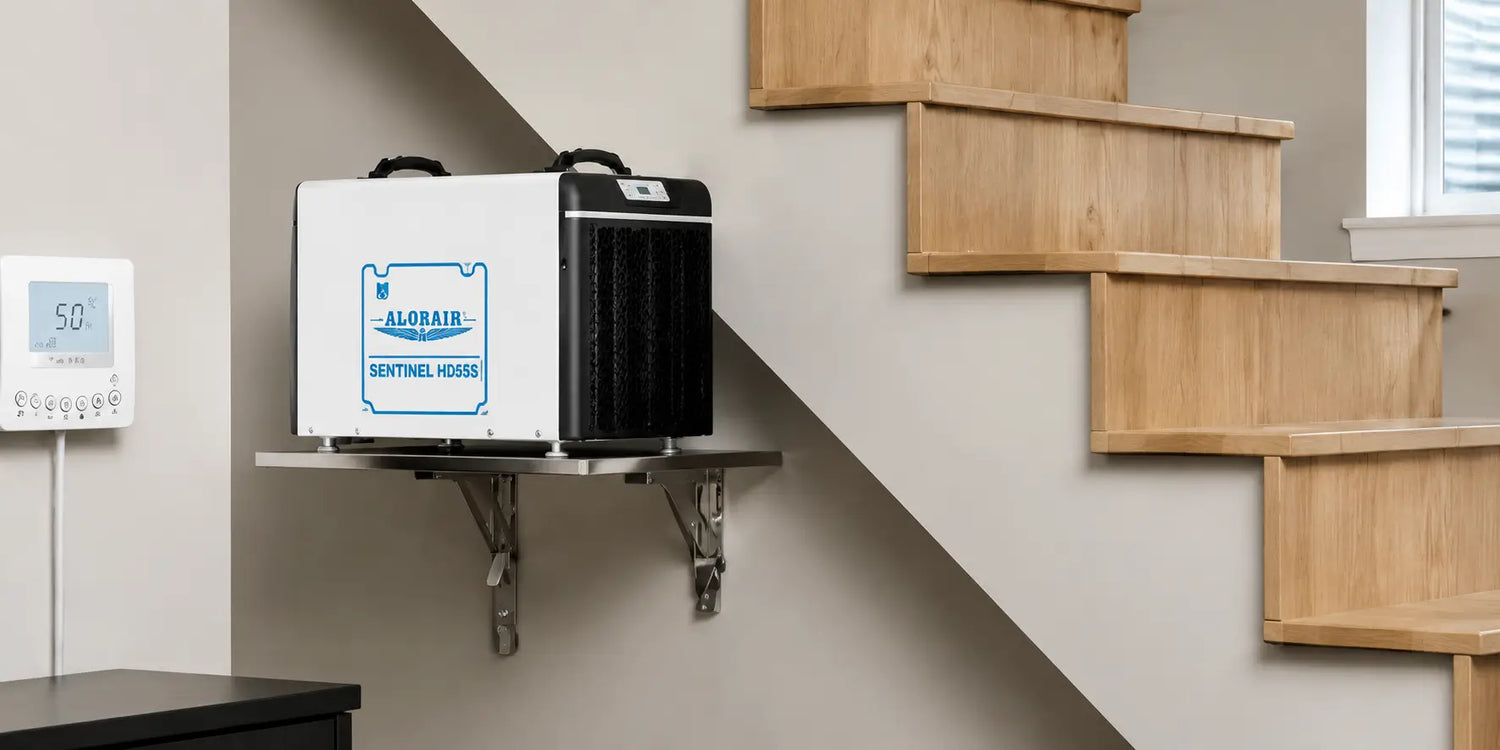 AlorAir Sentinel HDi90 basement dehumidifier mounted on a wall shelf beneath a staircase with a remote humidity controller.