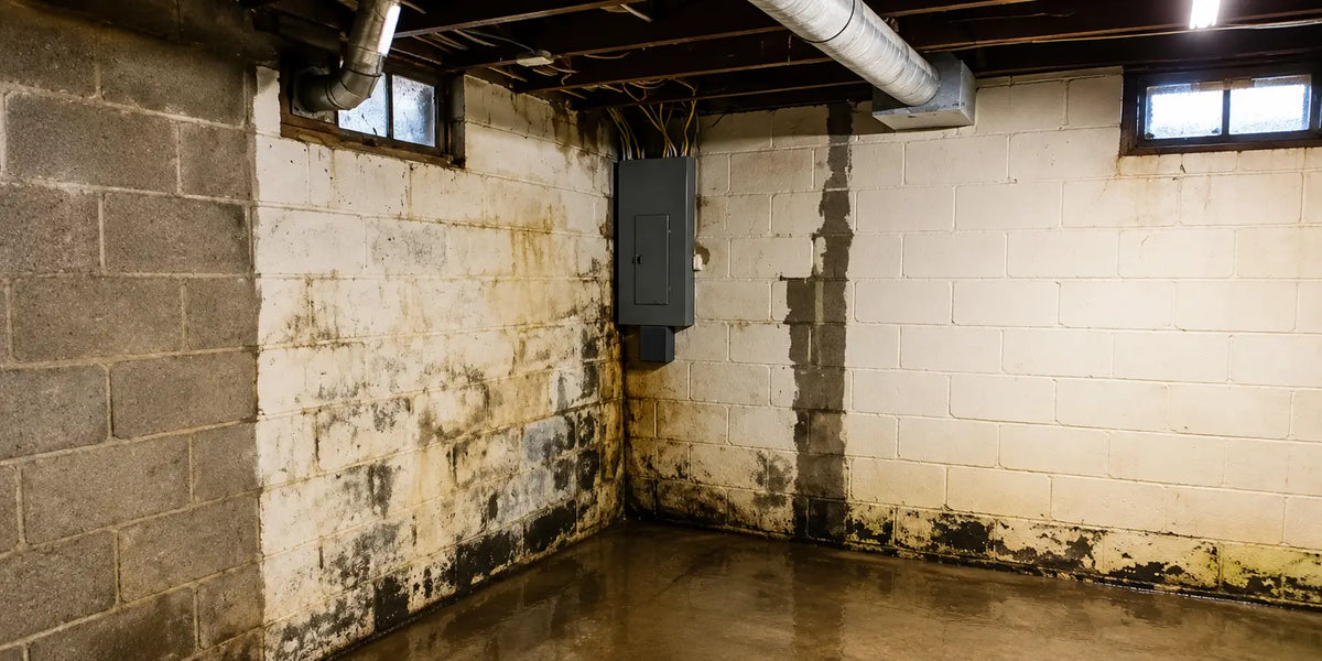 Unfinished basement with damp concrete block walls, water stains, peeling paint, and visible mold growth near the floor.