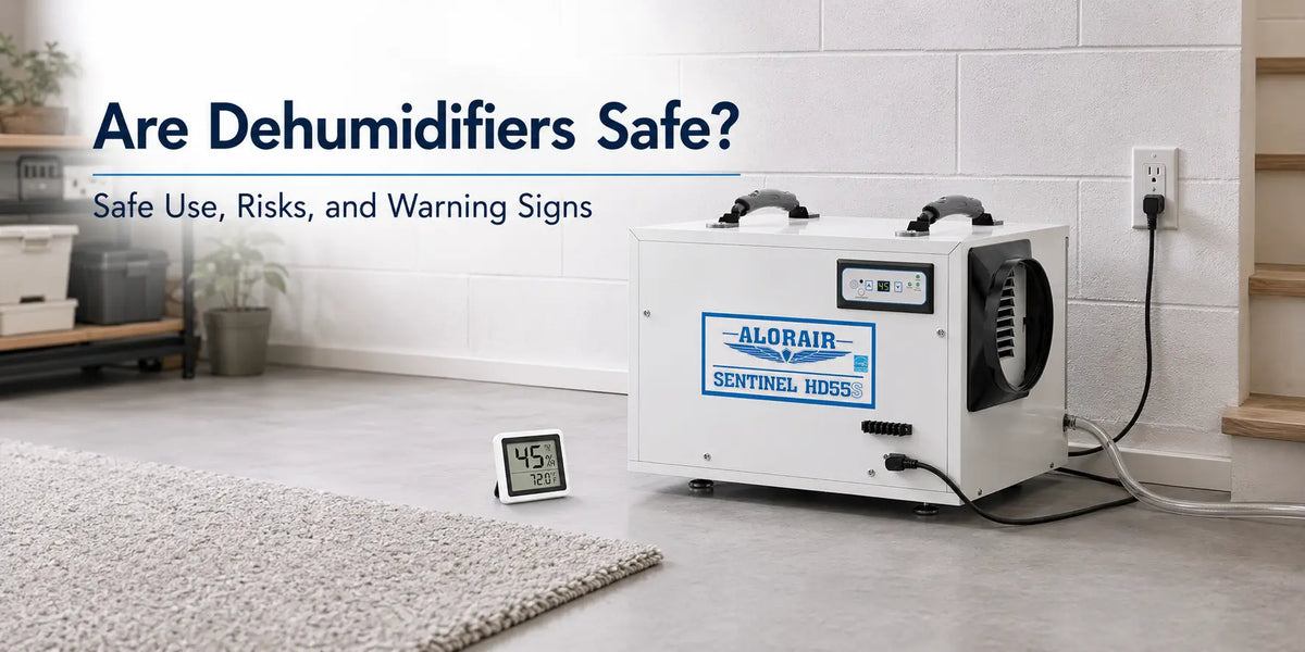 AlorAir Sentinel HD55S dehumidifier in a clean indoor space illustrating safe dehumidifier use, proper placement, drainage, and humidity control