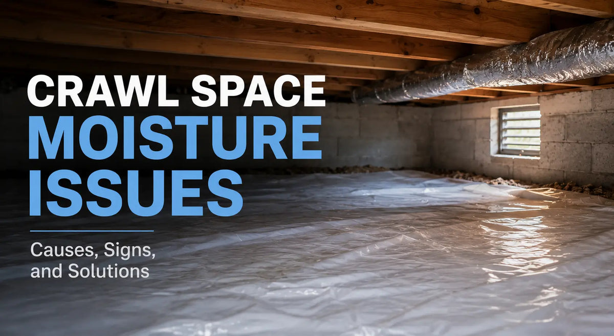 Crawl space moisture issues showing a damp crawl space with a vapor barrier, foundation walls, and ventilation openings