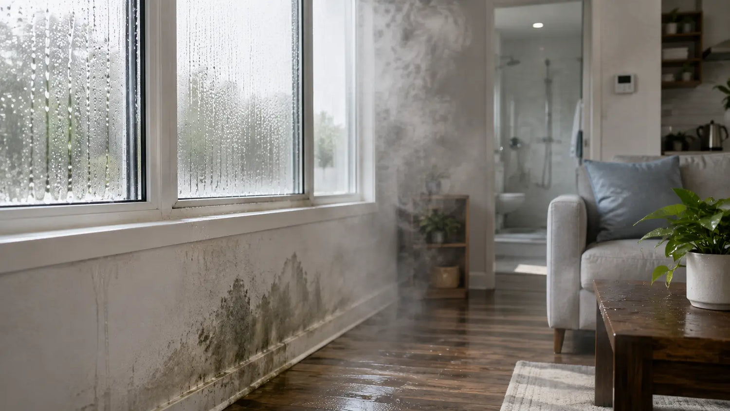 High indoor humidity in a home shown by window condensation, damp walls, and excess moisture in the living space