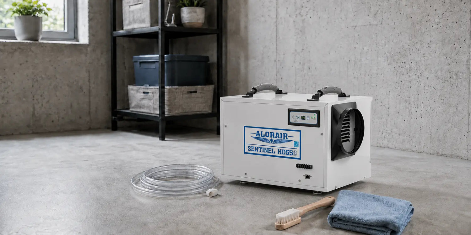 AlorAir Sentinel HD55S dehumidifier with a drain hose and cleaning tools in a basement maintenance setting.