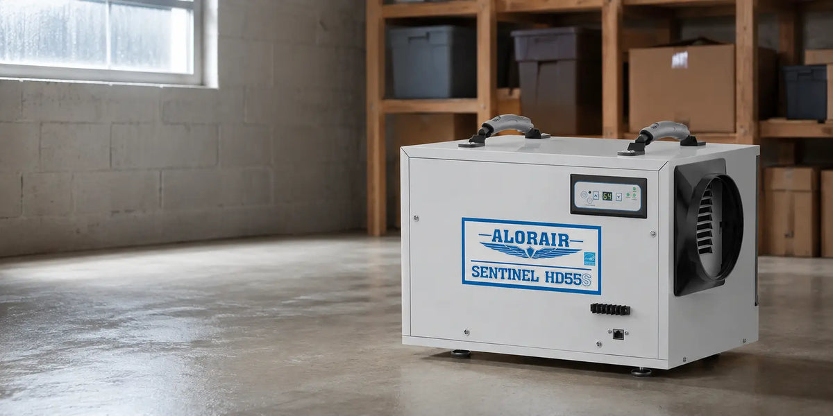AlorAir Sentinel HD55S dehumidifier in a humid basement with condensation on the window.