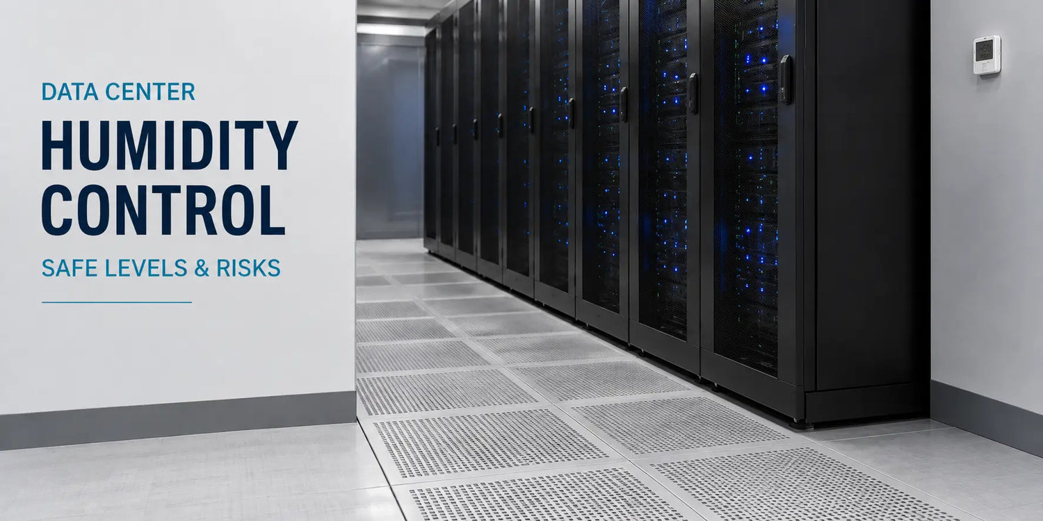 Modern data center server aisle illustrating humidity control, safe levels, and moisture-related risks.