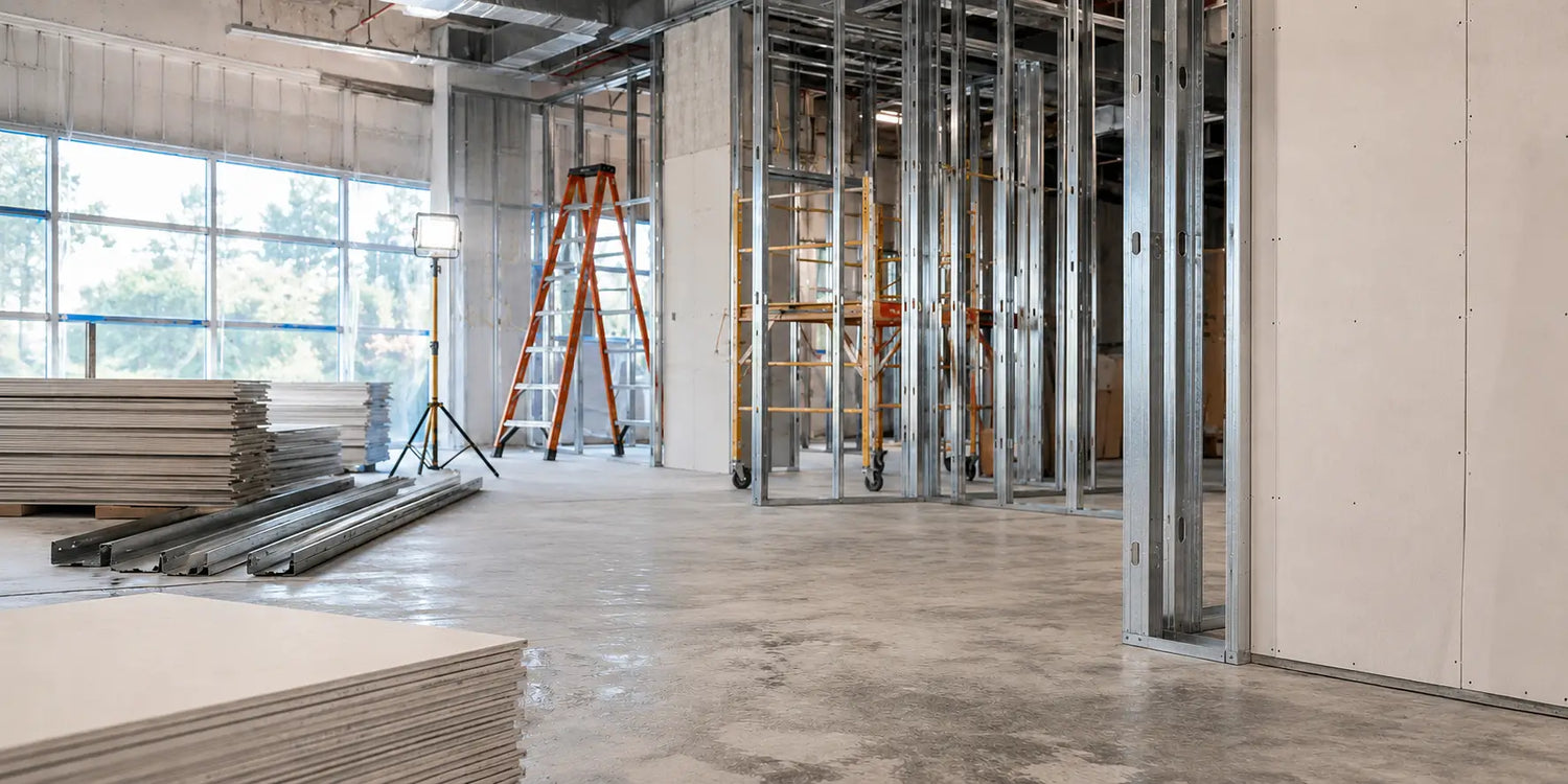 Construction site interior with steel framing, drywall stacks, and humidity monitoring setup, illustrating construction site humidity control without visible drying equipment