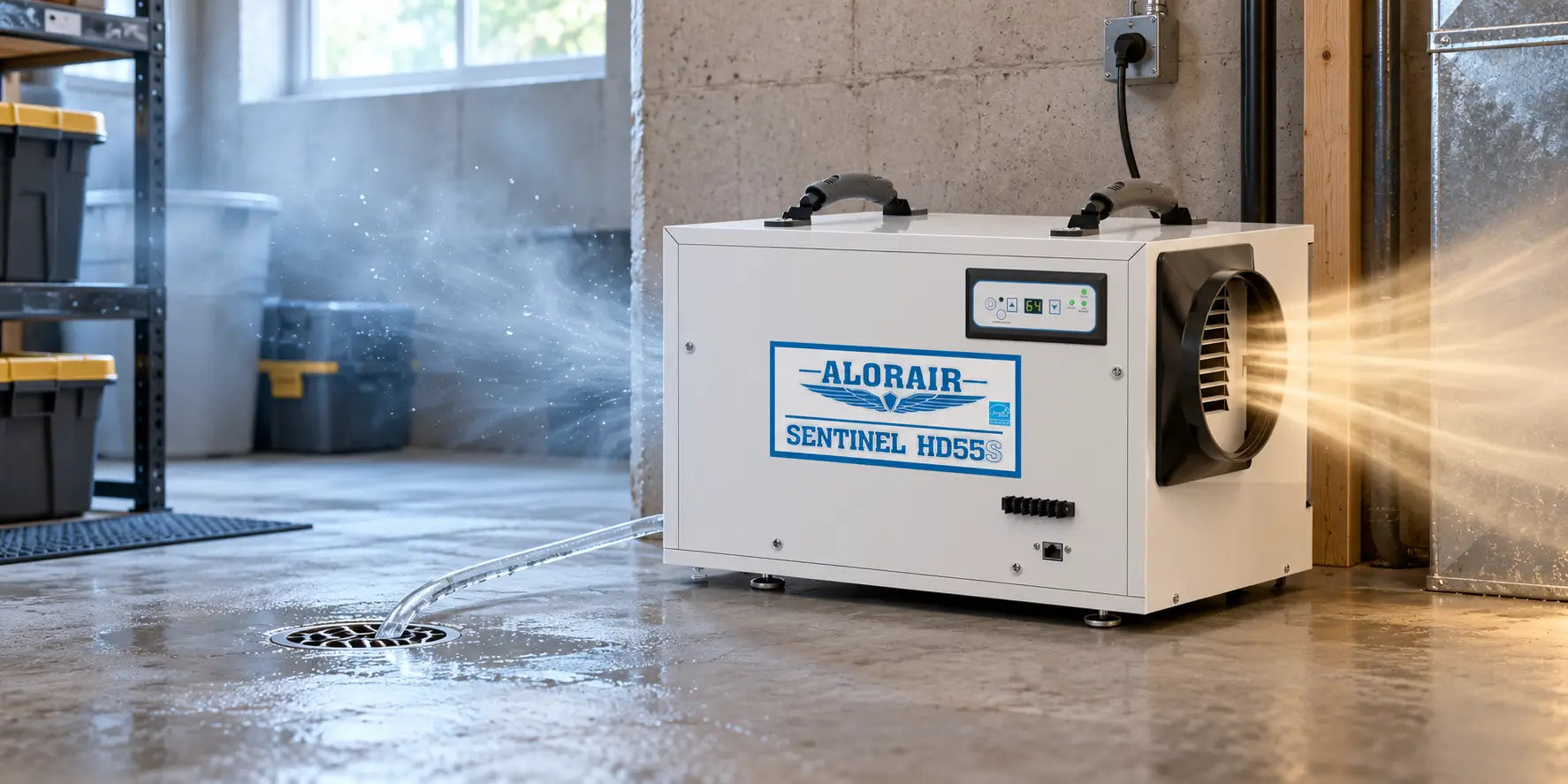 TheDryAir Sentinel HD55S dehumidifier drawing in humid air, draining collected water, and releasing dry air in a basement.