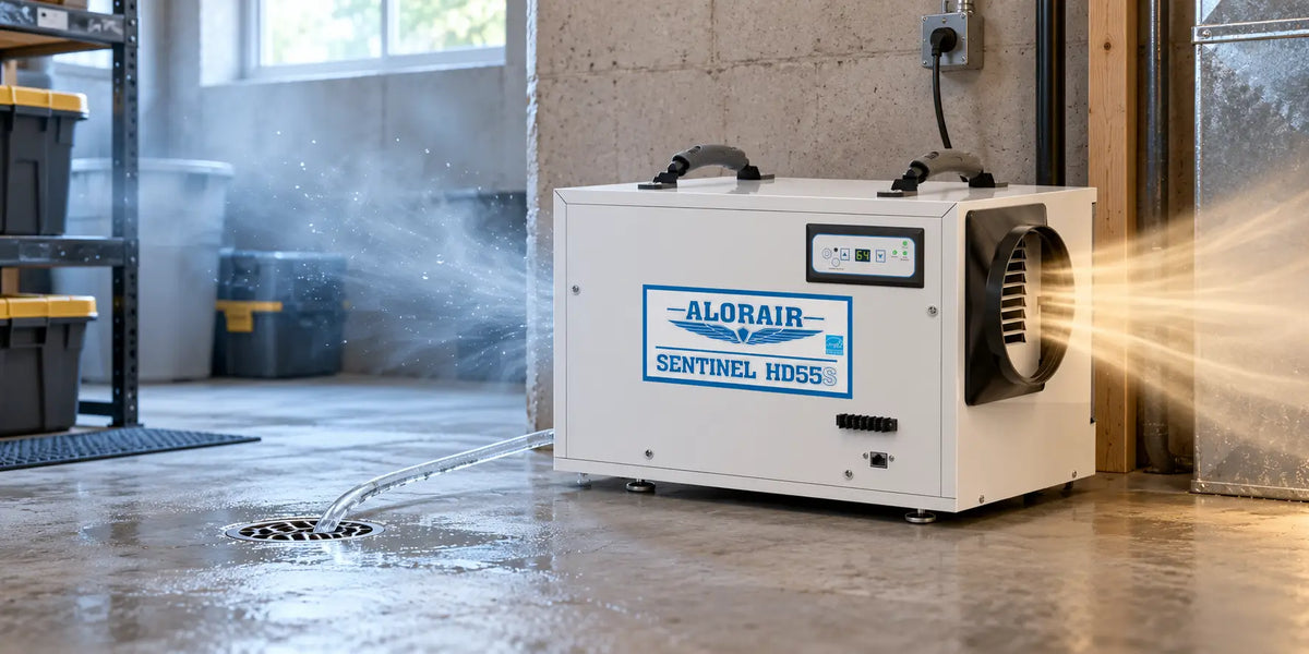 TheDryAir Sentinel HD55S dehumidifier drawing in humid air, draining collected water, and releasing dry air in a basement.