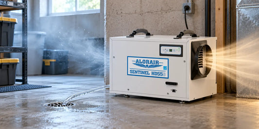 TheDryAir Sentinel HD55S dehumidifier drawing in humid air, draining collected water, and releasing dry air in a basement.