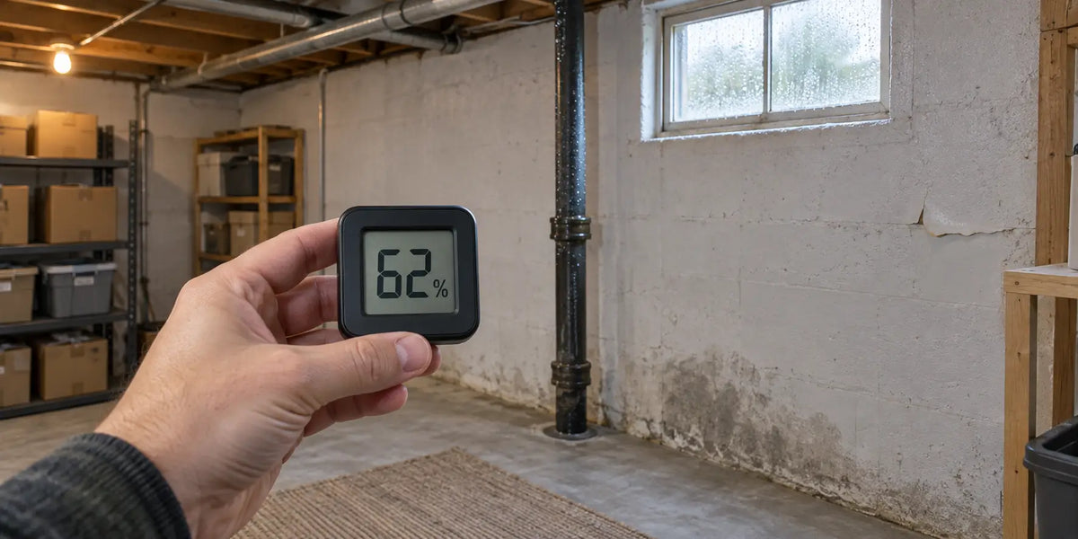 Homeowner checking a 62% humidity reading in a basement with window condensation and damp foundation walls.