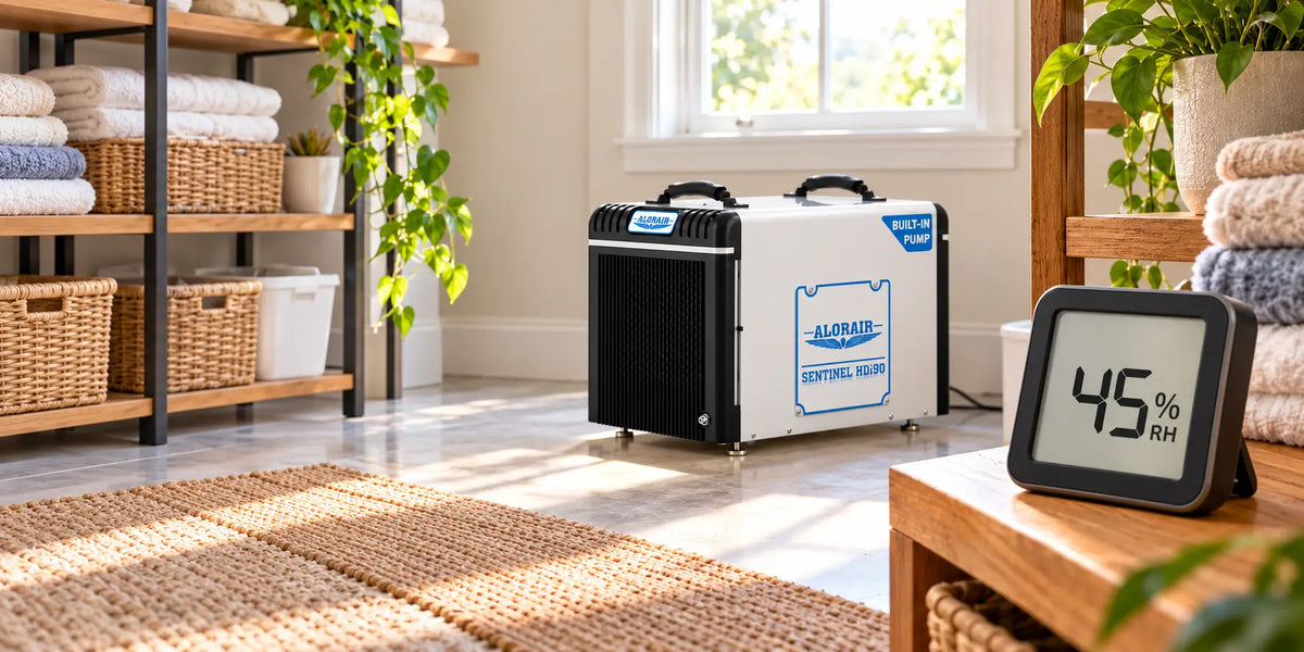 AlorAir dehumidifier in a bright utility room with a digital hygrometer showing 45% relative humidity.