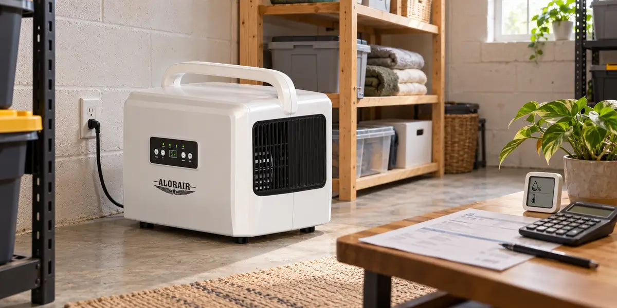 AlorAir dehumidifier in a basement beside an electricity bill and calculator.