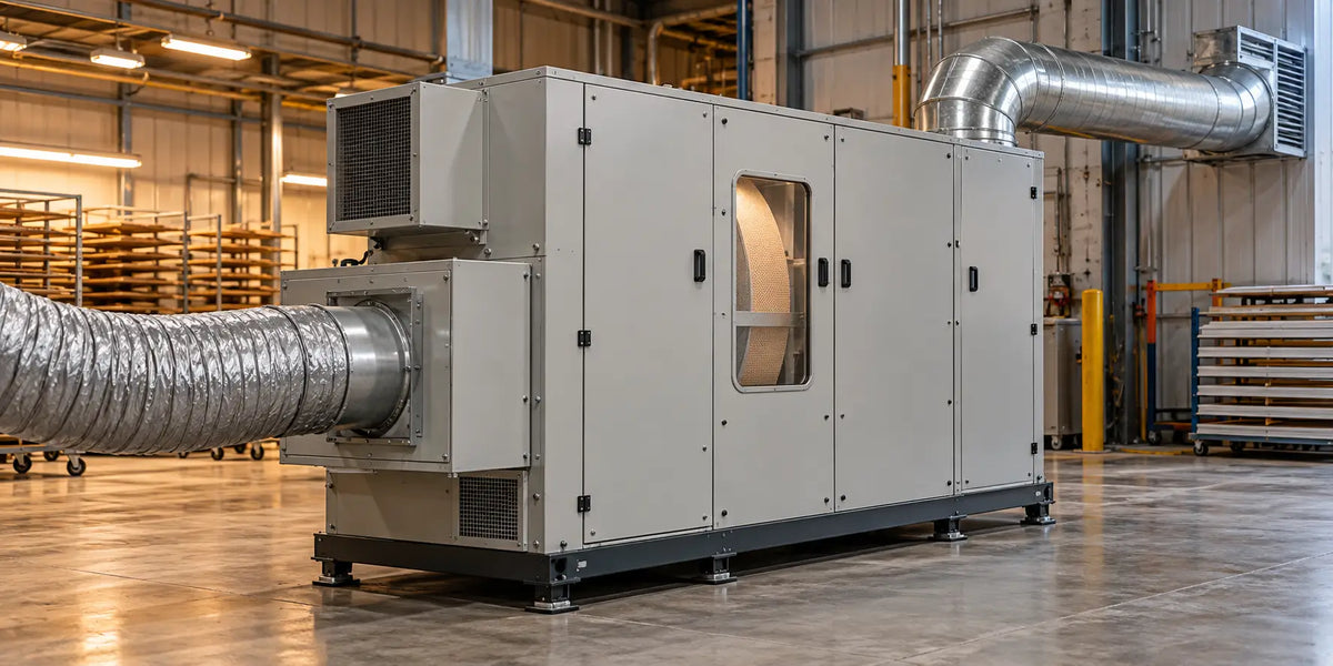 Concept illustration of an industrial rotary desiccant dehumidifier with duct connections.