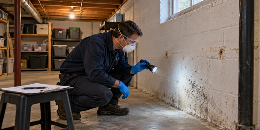 Inspector wearing protective equipment examines mold on a basement masonry wall with a flashlight.